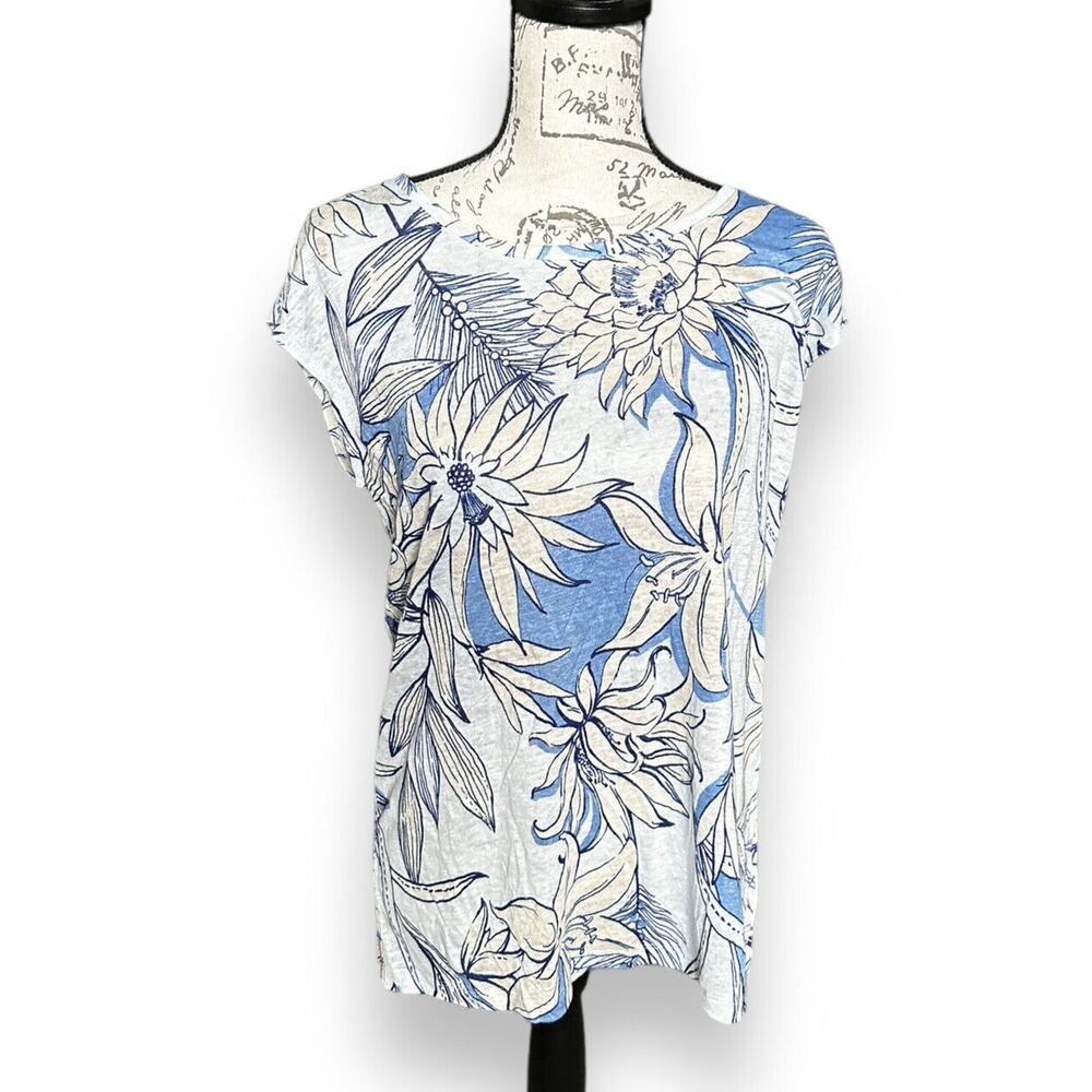 H Halston Blue Floral Linen Button Back Cap Sleeve Top Small